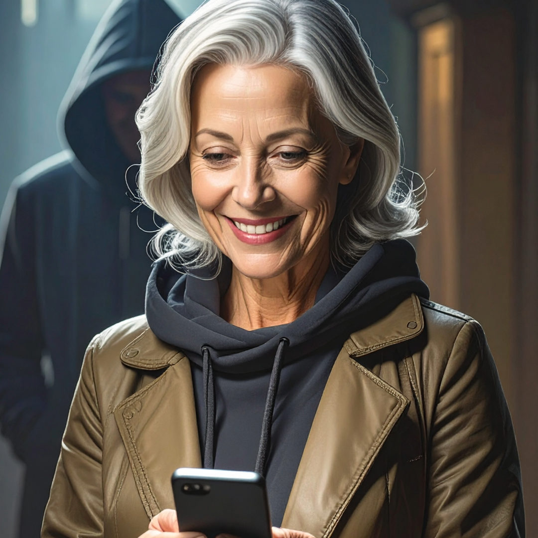 A woman sitting alone, looking at her phone